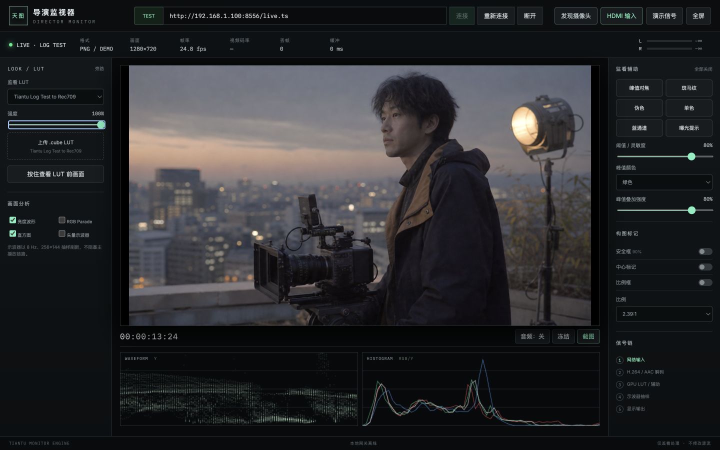 天图导演监视器实际加载 LUT 后的完整测试界面